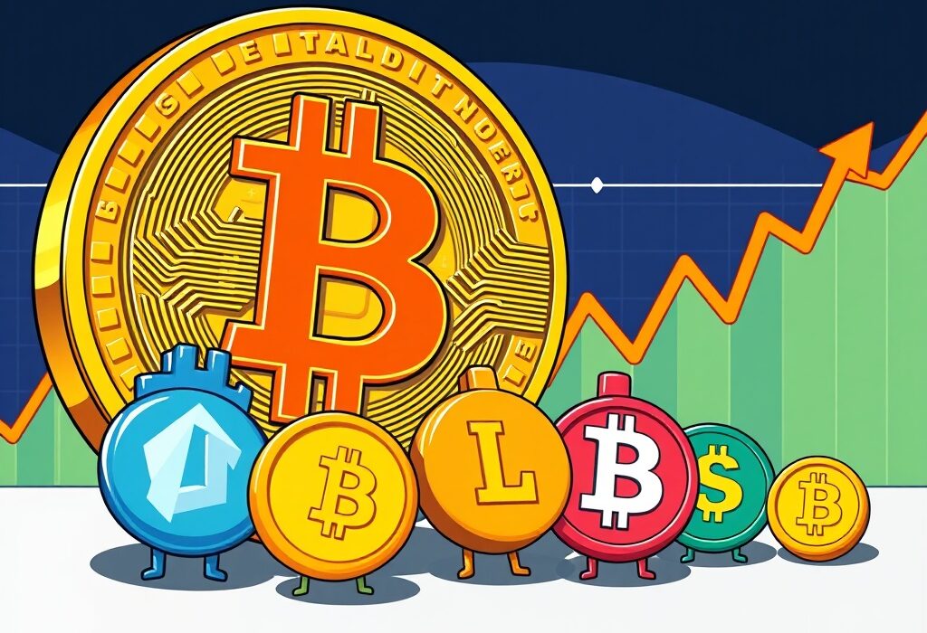 A cartoon illustration showing Bitcoin dominating, explaining the current Altcoin Season status.