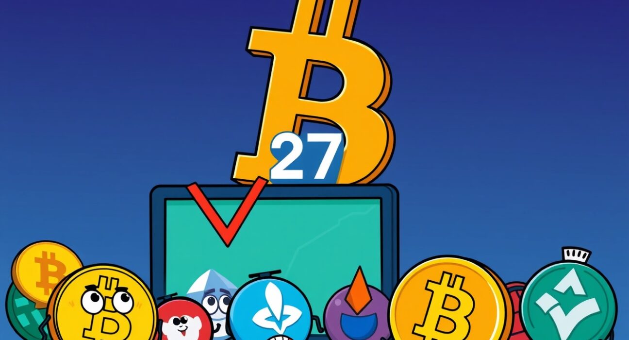 A cartoon depiction of the Altcoin Season Index falling to 27, showing altcoins struggling against a strong Bitcoin.