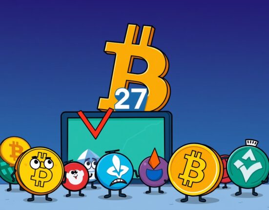 A cartoon depiction of the Altcoin Season Index falling to 27, showing altcoins struggling against a strong Bitcoin.