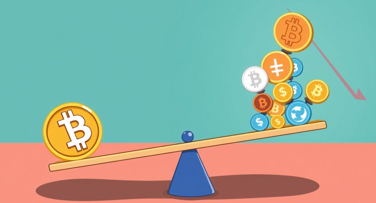 A cartoon illustration showing a large Bitcoin coin dominating smaller altcoins, representing the current Altcoin Season Index.