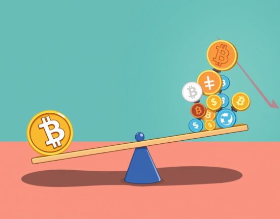 A cartoon illustration showing Bitcoin dominating altcoins, symbolizing the drop in the Altcoin Season Index and a shift in market sentiment.