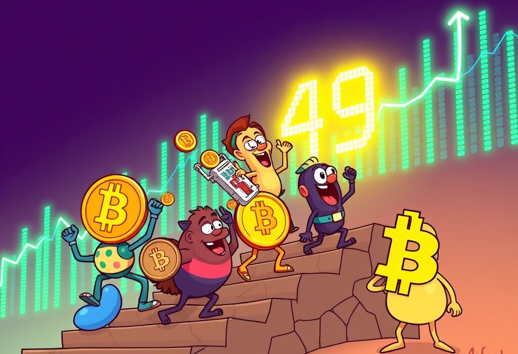 A cartoon illustration showing altcoins outperforming Bitcoin, reflecting the rising Altcoin Season Index and potential market shifts.