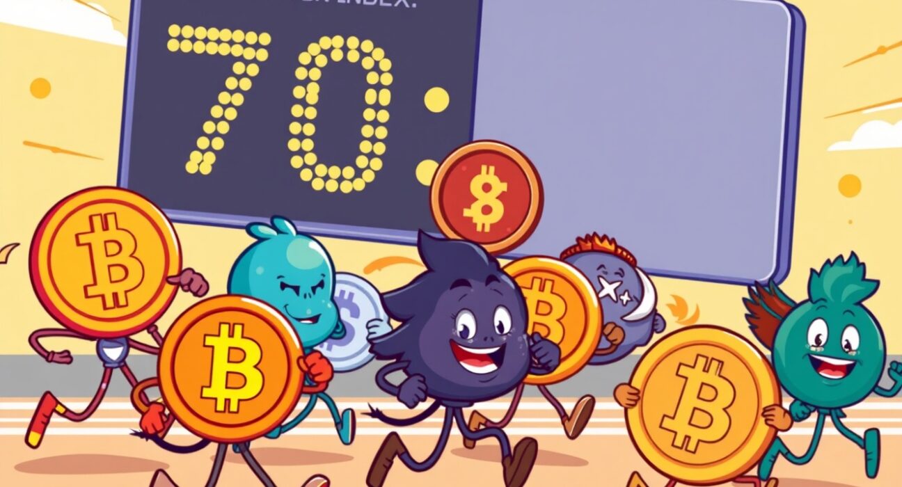 A vibrant cartoon showing altcoins gaining momentum, reflecting the rising Altcoin Season Index and potential market shifts.