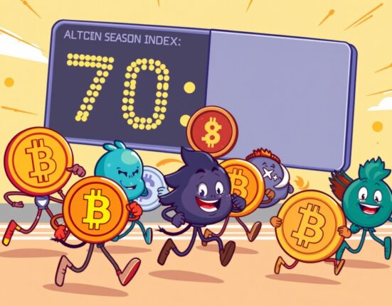 A cartoon illustration showing altcoins outperforming Bitcoin, reflecting the rising Altcoin Season Index and potential market shifts.