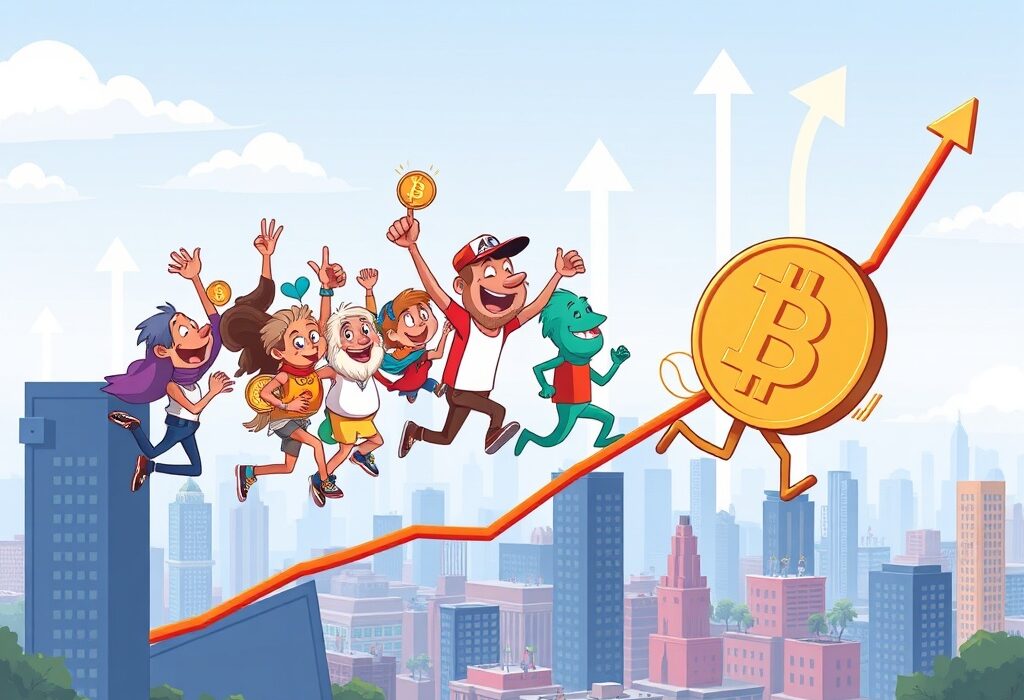 Cartoon illustration showing altcoins outperforming Bitcoin, symbolizing the rising Altcoin Season Index and market optimism.