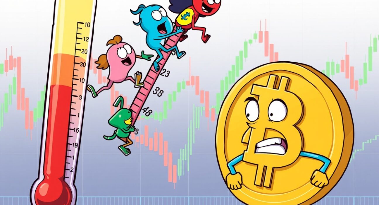 Cartoon illustration showing the Altcoin Season Index as a thermometer with colorful altcoins climbing