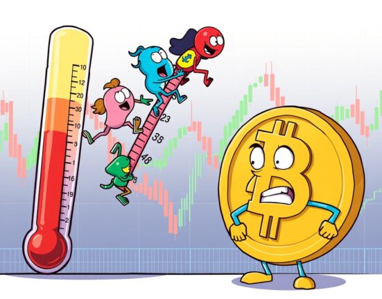Cartoon illustration showing the Altcoin Season Index as a thermometer with colorful altcoins climbing