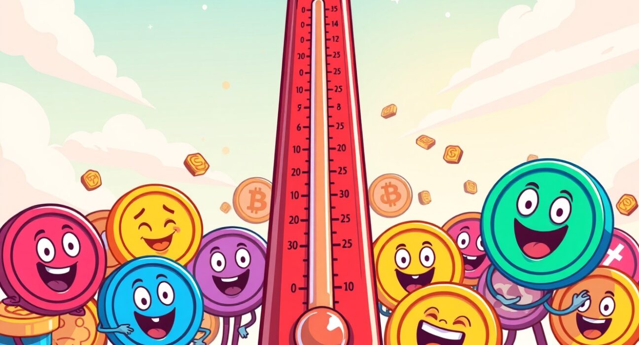 A cheerful thermometer showing the rising Altcoin Season Index with colorful cryptocurrency coins celebrating
