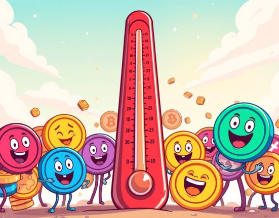 A cheerful thermometer showing the rising Altcoin Season Index with colorful cryptocurrency coins celebrating