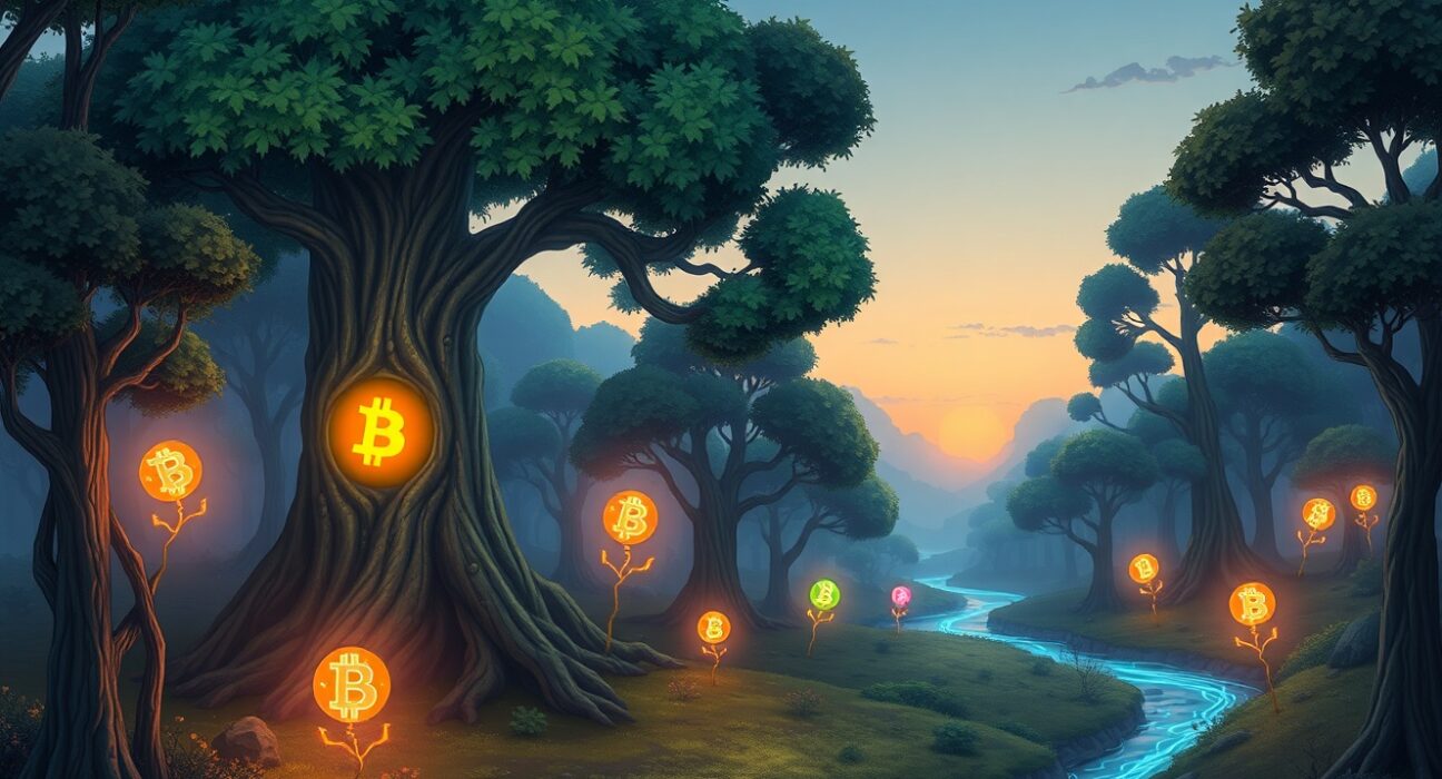 Visual metaphor of the Altcoin Season Index showing growing altcoin strength relative to Bitcoin in a digital ecosystem.