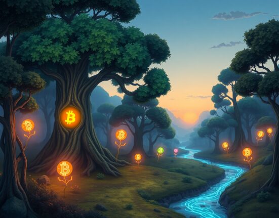 Visual metaphor of the Altcoin Season Index showing growing altcoin strength relative to Bitcoin in a digital ecosystem.