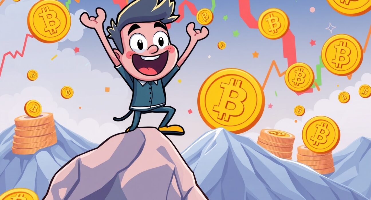 Cheerful altcoin character climbing upward as Altcoin Season Index improves against Bitcoin backdrop