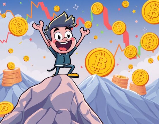 Cheerful altcoin character climbing upward as Altcoin Season Index improves against Bitcoin backdrop