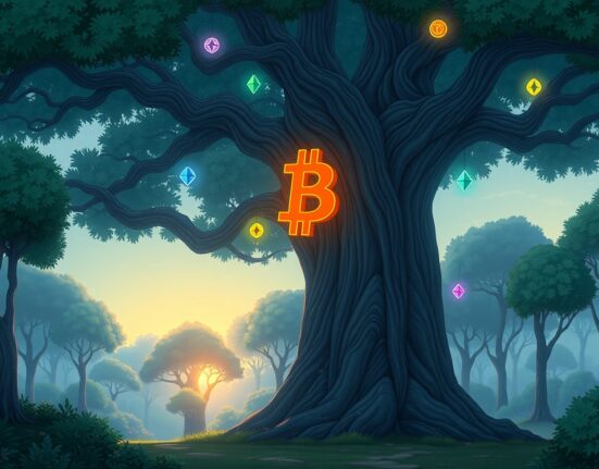 Visual metaphor for the Altcoin Season Index rising as altcoins begin to bloom around a dominant Bitcoin tree.