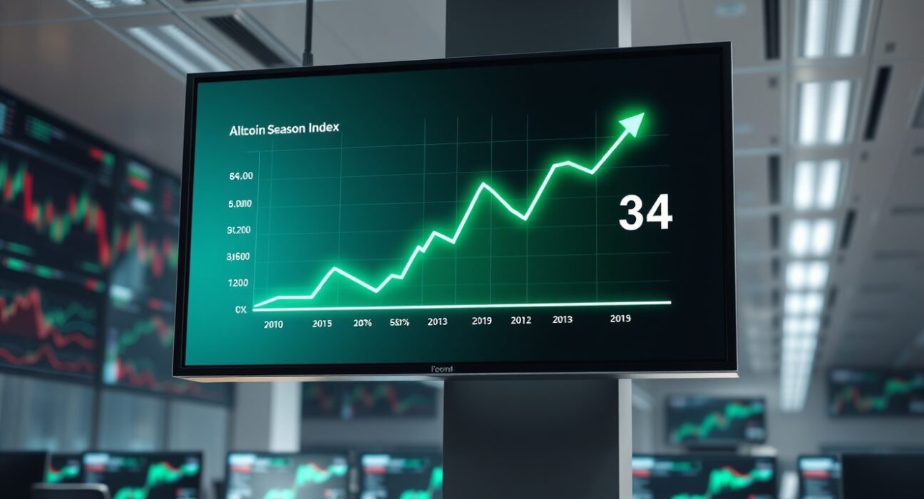 Analyst monitoring the rising Altcoin Season Index on a financial market data screen.