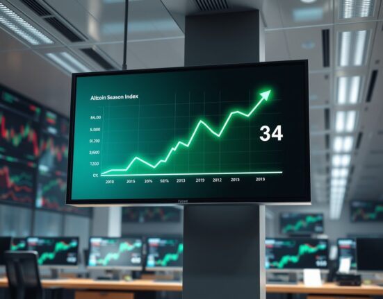 Analyst monitoring the rising Altcoin Season Index on a financial market data screen.