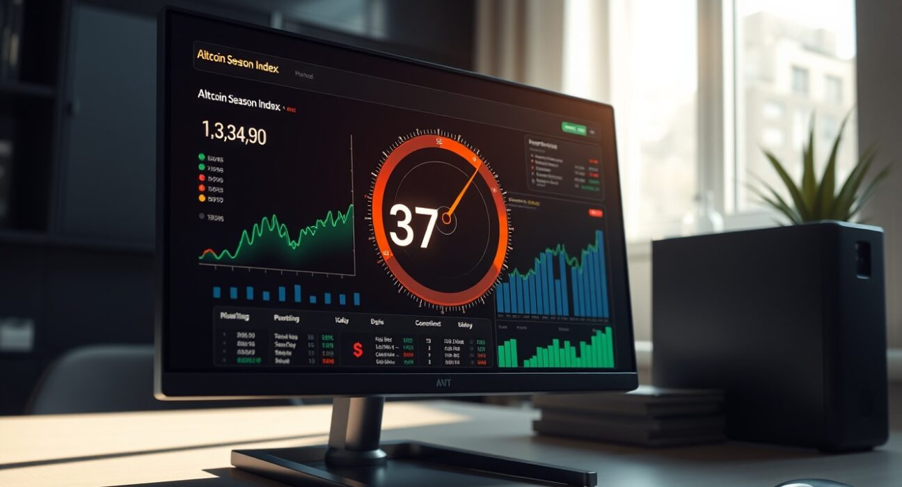 Analytical dashboard showing the Altcoin Season Index at 37, indicating cryptocurrency market analysis.
