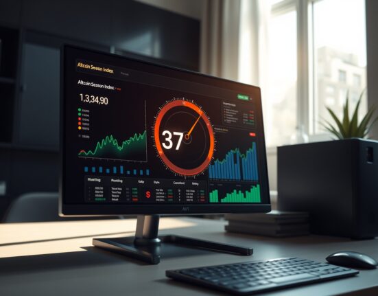 Analytical dashboard showing the Altcoin Season Index at 37, indicating cryptocurrency market analysis.