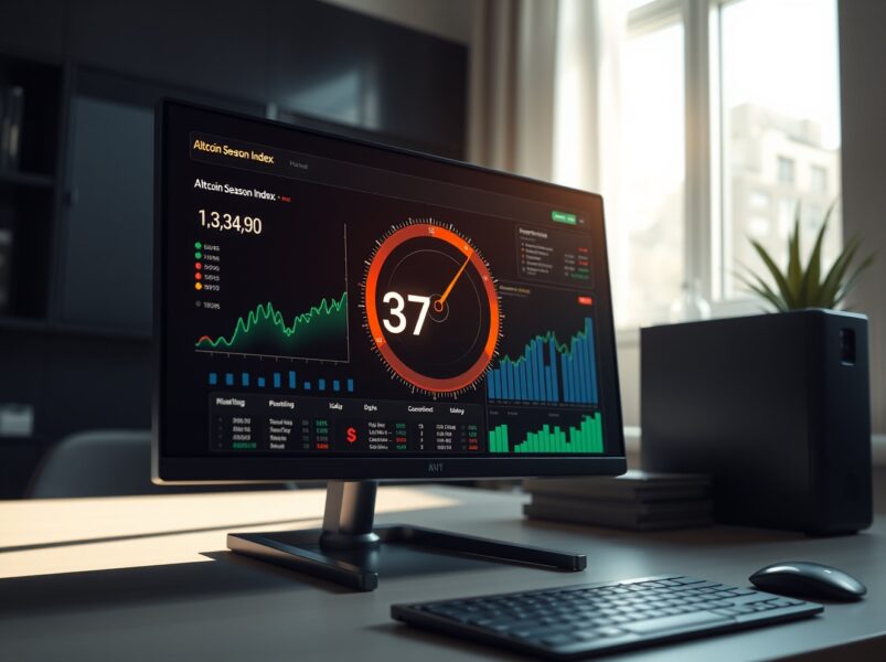 Analytical dashboard showing the Altcoin Season Index at 37, indicating cryptocurrency market analysis.