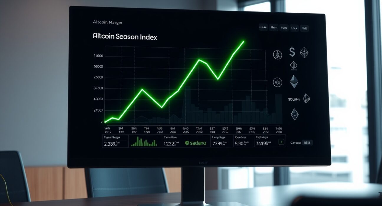 Data dashboard showing the rising Altcoin Season Index at 38, indicating shifting cryptocurrency market trends.