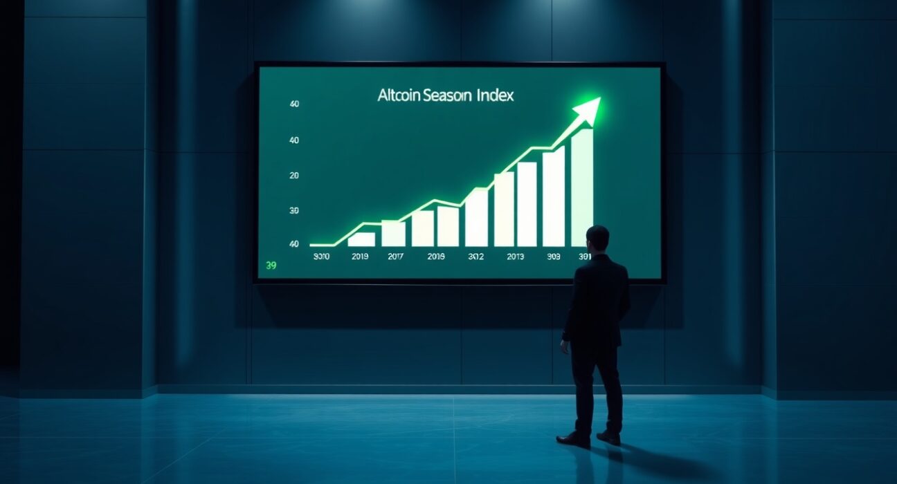 Digital screen showing Altcoin Season Index at 39 with upward trend in a trading office