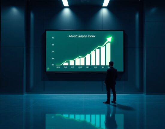 Digital screen showing Altcoin Season Index at 39 with upward trend in a trading office