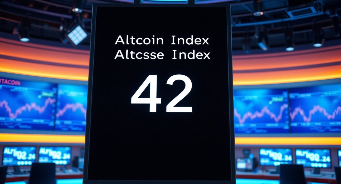 Altcoin Season Index display showing a score of 42 in a news studio