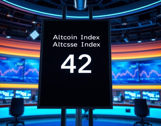 Altcoin Season Index display showing a score of 42 in a news studio