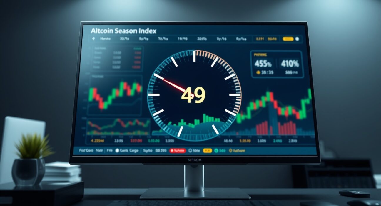 Financial dashboard showing the Altcoin Season Index at 49, indicating shifting crypto market conditions.