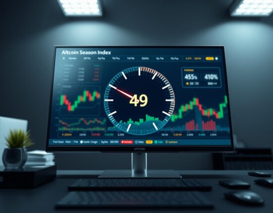 Financial dashboard showing the Altcoin Season Index at 49, indicating shifting crypto market conditions.