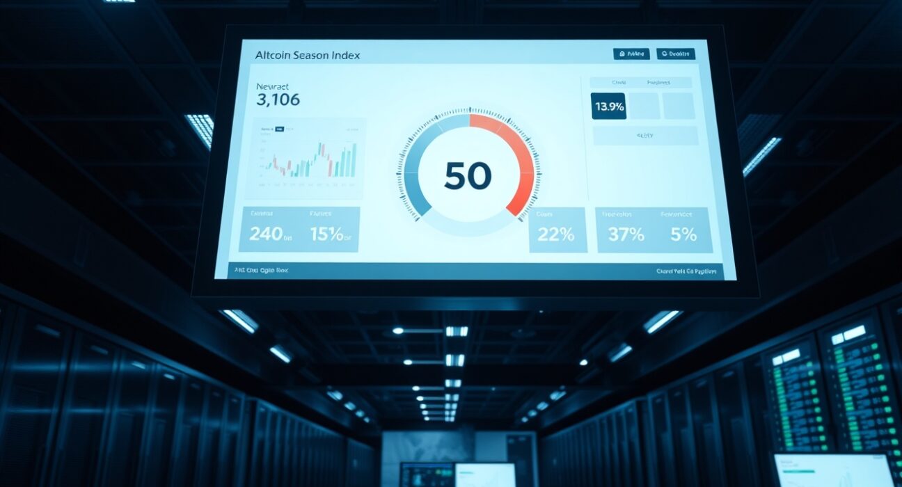 Digital display showing Altcoin Season Index gauge at 50 on a financial trading floor.