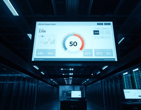 Digital display showing Altcoin Season Index gauge at 50 on a financial trading floor.