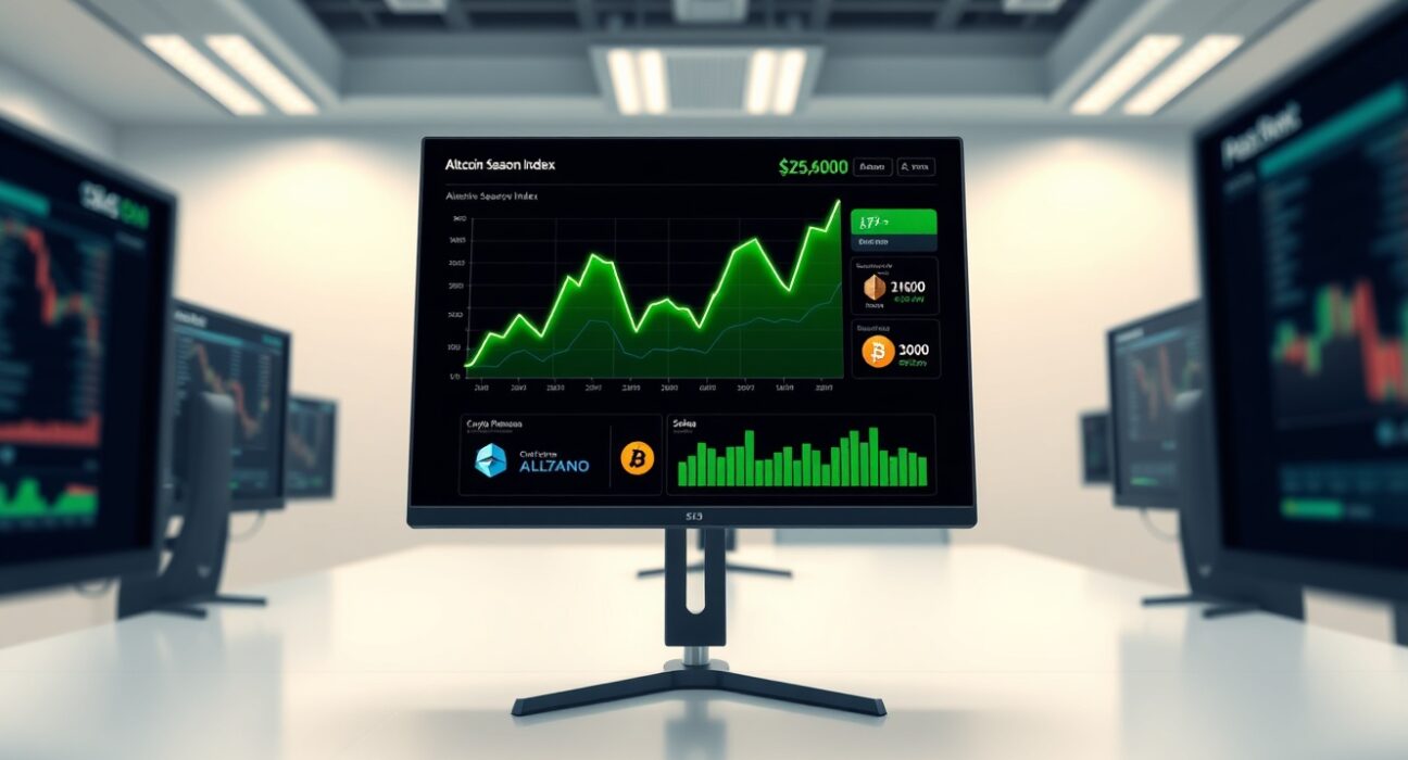 Data dashboard showing the rising Altcoin Season Index, a key metric for cryptocurrency market analysis.