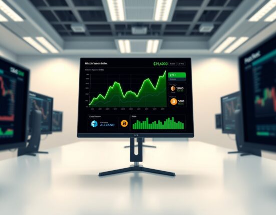 Data dashboard showing the rising Altcoin Season Index, a key metric for cryptocurrency market analysis.