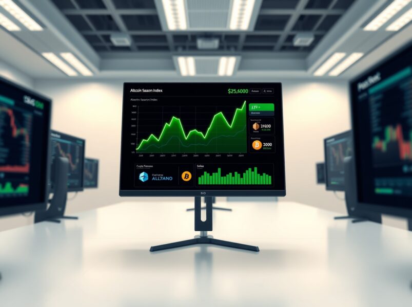 Data dashboard showing the rising Altcoin Season Index, a key metric for cryptocurrency market analysis.