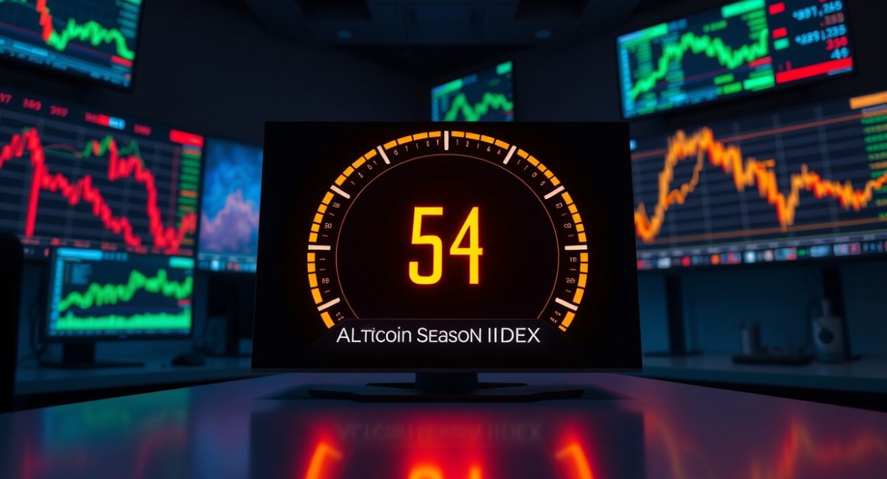 Altcoin Season Index gauge reading 54 on a trading desk monitor with cryptocurrency charts in background