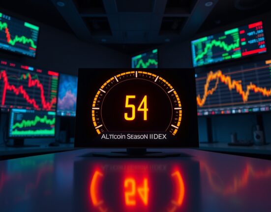 Altcoin Season Index gauge reading 54 on a trading desk monitor with cryptocurrency charts in background