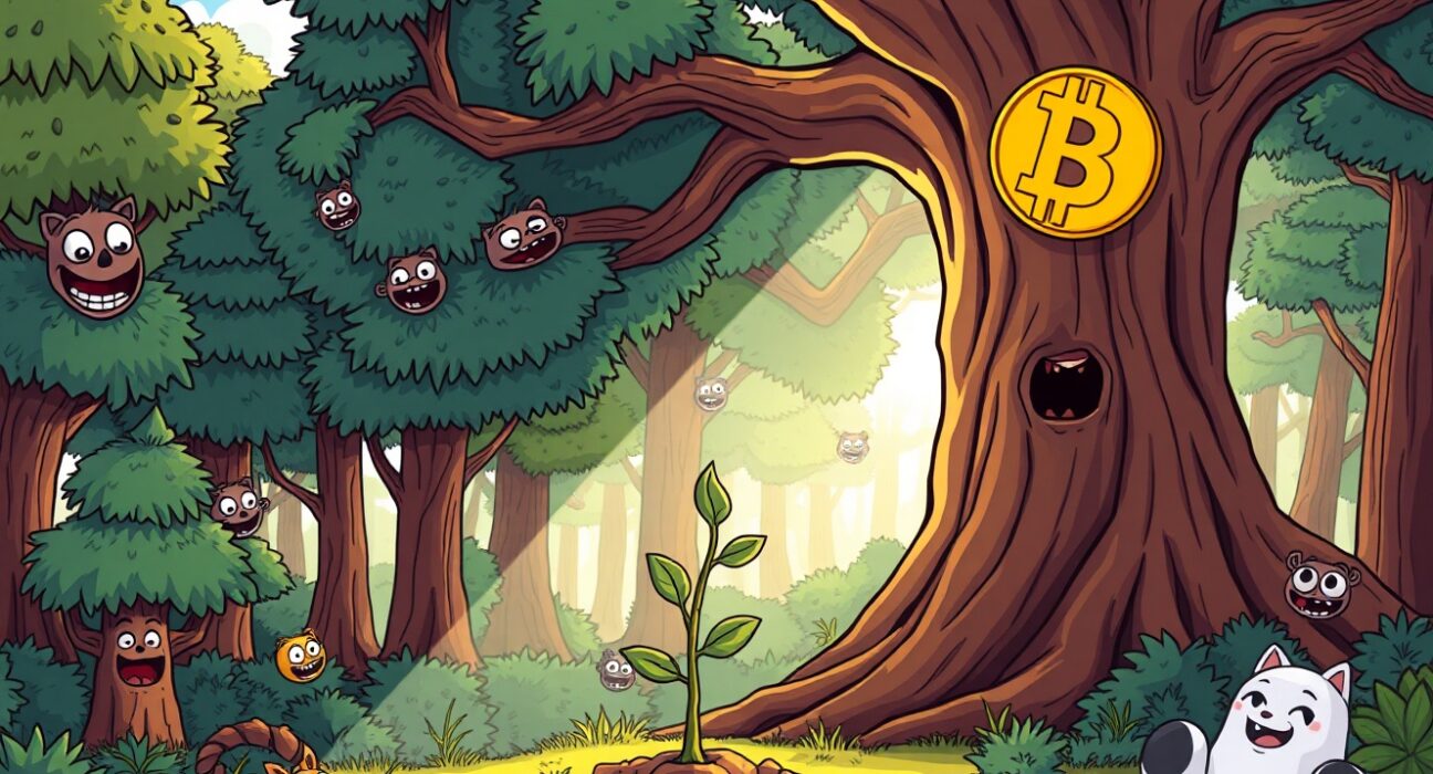 A vibrant cartoon illustrating the growing Altcoin Season Index with altcoins as a sapling next to the giant Bitcoin tree.