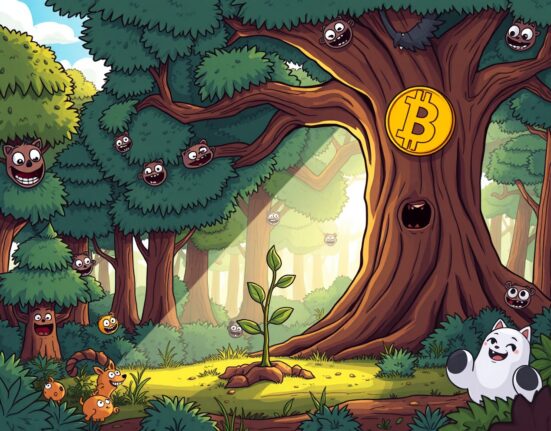 A vibrant cartoon illustrating the growing Altcoin Season Index with altcoins as a sapling next to the giant Bitcoin tree.