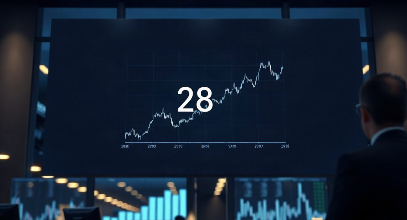 Altcoin Season Index rises to 28 on a digital display screen in a trading environment