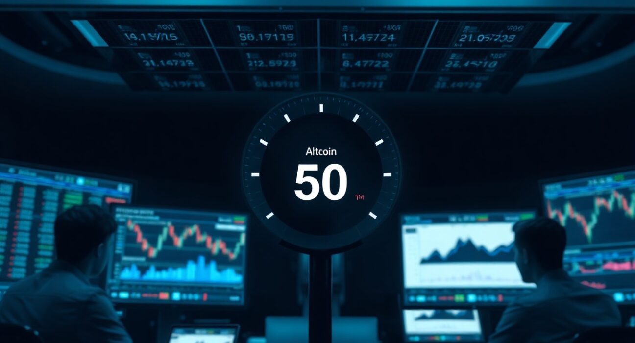 Digital dashboard displaying Altcoin Season Index gauge at 50 in a trading office
