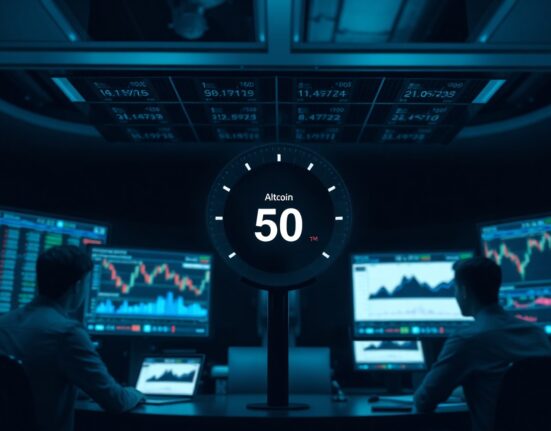 Digital dashboard displaying Altcoin Season Index gauge at 50 in a trading office