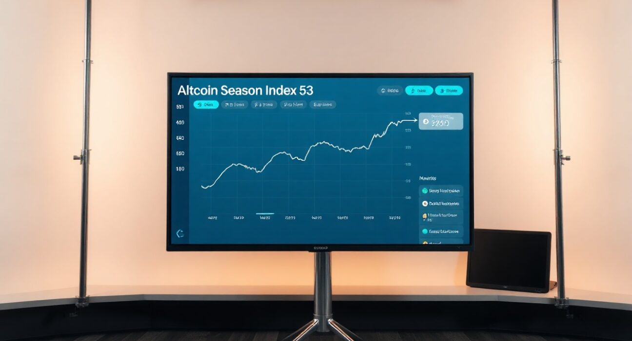 Altcoin Season Index dashboard showing a reading of 53 with a rising trend line