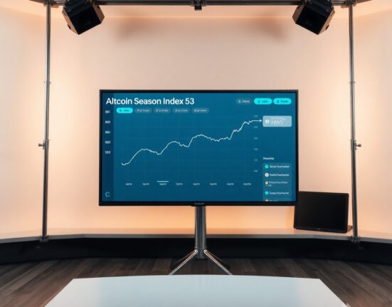 Altcoin Season Index dashboard showing a reading of 53 with a rising trend line