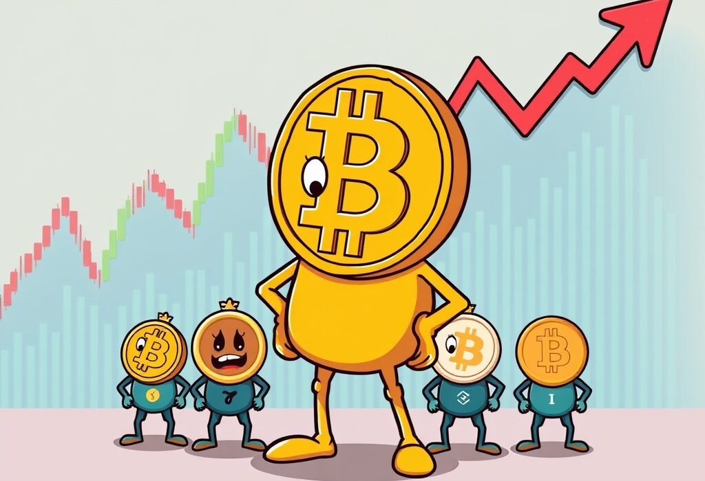 A cartoon illustration showing Bitcoin dominating over smaller altcoins, symbolizing the current Bitcoin Season indicated by the Altcoin Season Index.