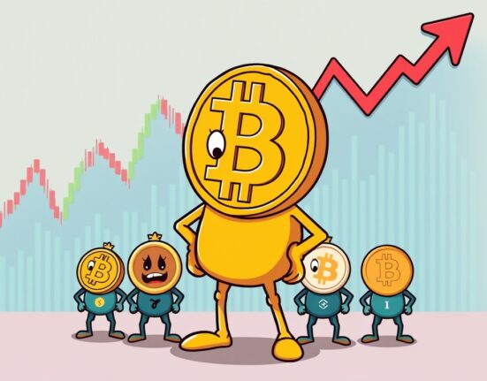 A cartoon illustration showing Bitcoin dominating over smaller altcoins, symbolizing the current Bitcoin Season indicated by the Altcoin Season Index.