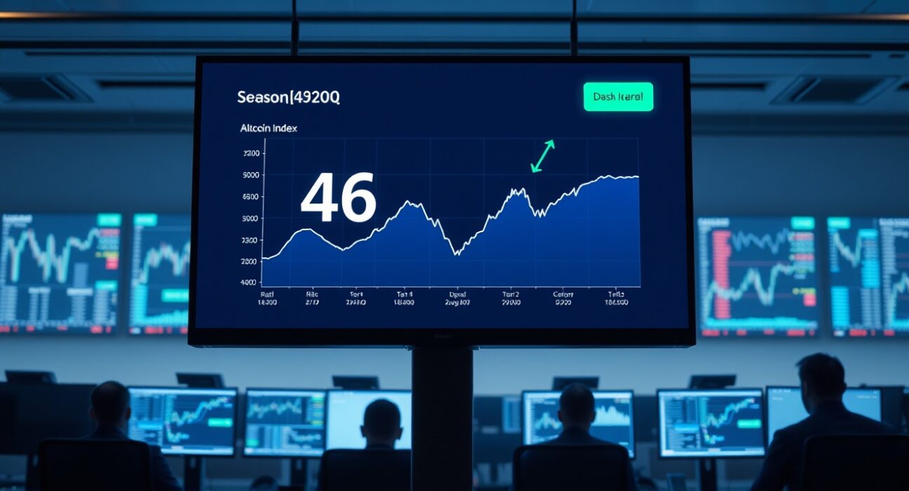 Altcoin Season Index dashboard showing a reading of 46 on a monitor in a trading office