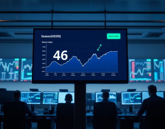 Altcoin Season Index dashboard showing a reading of 46 on a monitor in a trading office