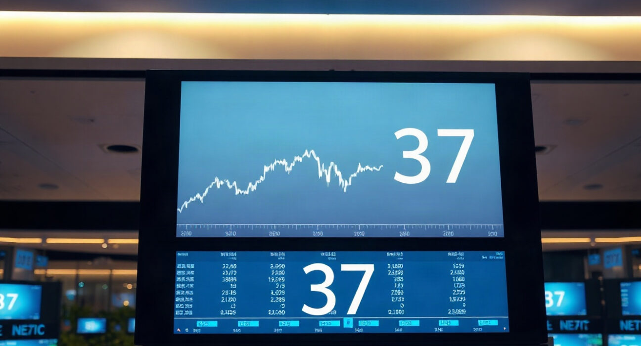 Chart showing Altcoin Season Index at 37 on a trading floor screen