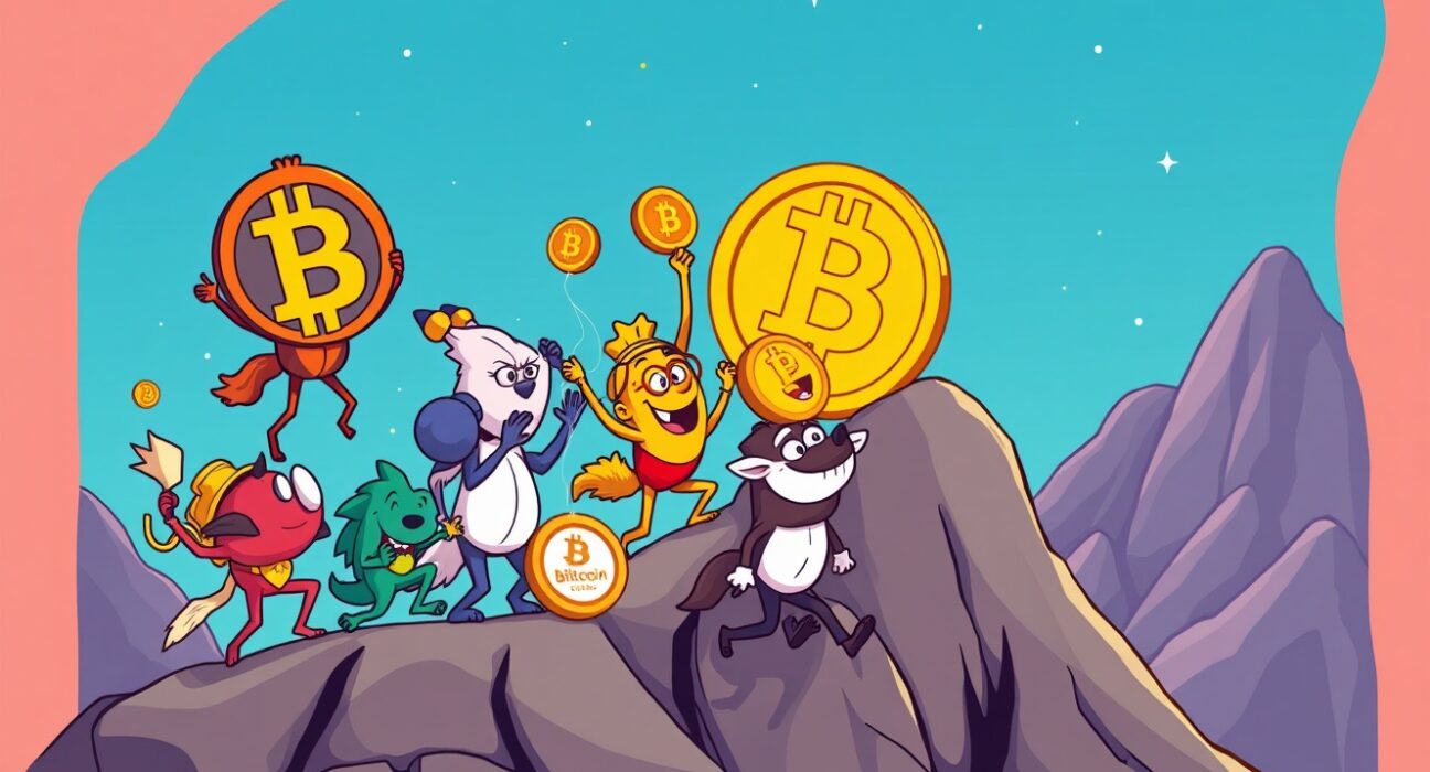 A cartoon illustration showing altcoins outperforming Bitcoin as the Altcoin Season Index rises, signaling potential market shifts towards an Altcoin Season.